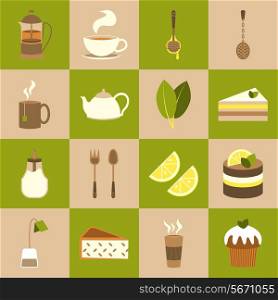 Tea icons set with cup sugar cake isolated vector illustration