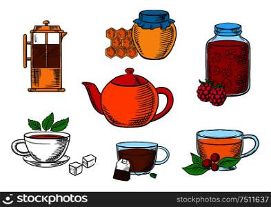 Tea icons with jars, honey and raspberry jam desserts, french press, various teacups with tea bag, sugar cubes, fresh leaves of mint and cowberry with porcelain teapot. Teacups, dessert and teapots icons