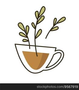 Tea in cup of glass, isolated warm liquid with herbs. Organic and natural product in cafe or restaurant. Shop or store assortment of drinks. Beverage in mug with handle. Vector in flat style. Glass with warm organic beverage and leaves vector