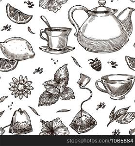 Tea kettle and beverage poured in mug monochrome sketch outline vector seamless pattern of lemon slices mint leaves and species go together with warm drink flower and raspberry berry sweet fruit.. Tea kettle and beverage poured in mug monochrome sketch outline