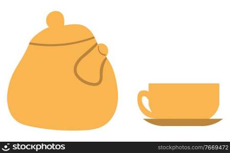 Tea kettle and cup on saucer isolated kitchenware crockery. Vector porcelain teapot and mug of coffee, tea-ceremony symbols, morning drink flat style. Tea Kettle and Cup on Saucer Isolated Kitchenware