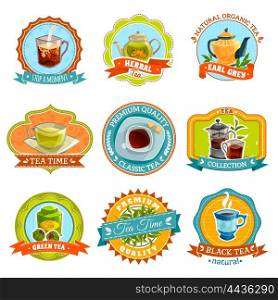 Tea Label Set. Flat retro styled isolated emblems with different types of tea and accessories vector illustration
