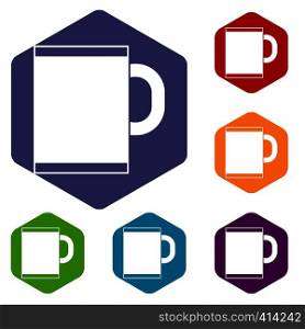 Tea mug icons set rhombus in different colors isolated on white background. Tea mug icons set
