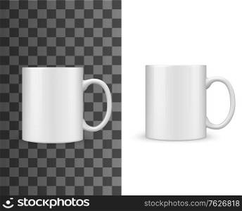 Tea mug or cup mockup, white blank vector isolated 3d realistic object. Tea mug or coffee cup of white porcelain or ceramic with handle, drink and beverage kitchenware mockup. Tea mug, cup mockup white blank isolated realistic