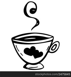 Tea or coffee cup vector doodle hand drawn line illustration. Tea or coffee cup with hearts vector doodle hand drawn line illustration