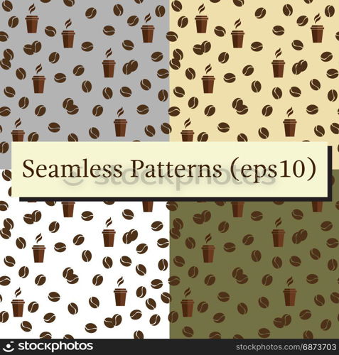 Tea or coffee cups seamless vector patterns set with coffee beans or corns.. Tea or coffee cups seamless vector patterns set with coffee beans or corns. Cups seamless vector patterns.