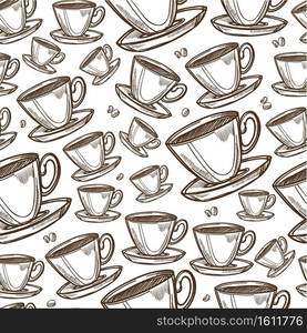 Tea or coffee poured in cup, seamless pattern of hot beverage. Drink at restaurant or cafe, mug with plate, served espresso or aromatic cappuccino. Monochrome sketch outline, vector in flat style. Cup of coffee or tea, beverage mun mug seamless pattern