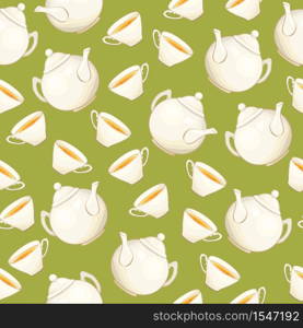 Tea or Coffee Seamless Pattern with Porcelain Teapot and Tea cup in Flat Style. Ready to Print on Fabric Textile, Tablecloth or Paper Gift Wrapping and Scrapbooking. Porcelain Teapot and Tea cup Seamless Pattern Flat Style
