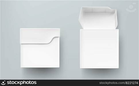 Tea package mockup, paper or carton box front view. Close and open container of cube shape isolated on grey background. Food, product blank pack mock up for branding. Realistic 3d vector illustration. Tea package mockup, paper or carton box front view