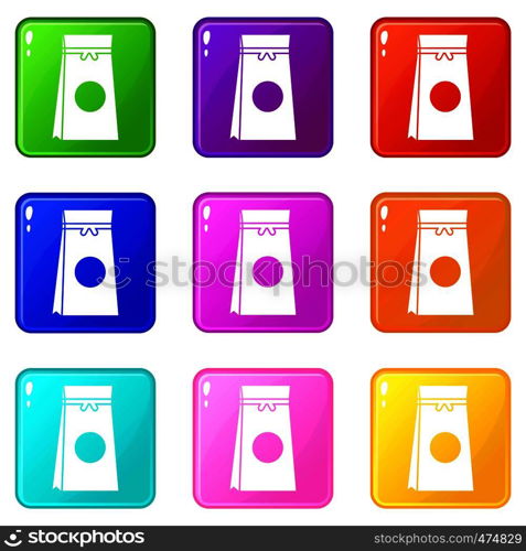 Tea packed in a paper bag icons of 9 color set isolated vector illustration. Tea packed in a paper bag icons 9 set