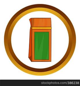 Tea packed in a paper bag vector icon in golden circle, cartoon style isolated on white background. Tea packed in a paper bag vector icon
