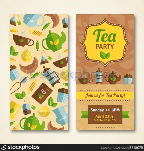 Tea party announcement 2 vertical banners. Tea party announcement two banners with teapot cupcake and event date and time abstract isolated vector illustration. Editable EPS and Render in JPG format