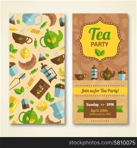 Tea party announcement 2 vertical banners. Tea party announcement two banners with teapot cupcake and event date and time abstract isolated vector illustration. Editable EPS and Render in JPG format