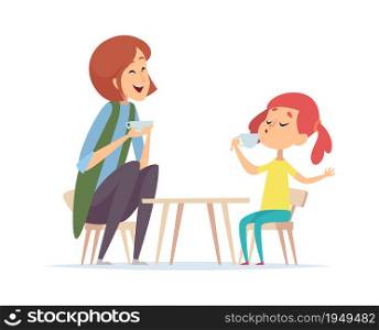 Tea party game. Woman and girl playing in cafe or restaurant. Baby with nanny or mother vector illustration. Play tea with toyable table, leisure with daughter. Tea party game. Woman and girl playing in cafe or restaurant. Baby with nanny or mother vector illustration