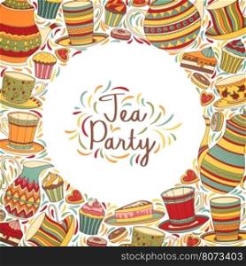 Tea Party Invitation Card. Vector Colorful Frame Banner.. Tea Time Frame