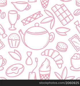 Tea party with sweets seamless pattern in doodle style. Background with pastries, coffee and tea vector illustration. Template with food for wallpaper, packaging, bamagi and design. Tea party with sweets seamless pattern in doodle style