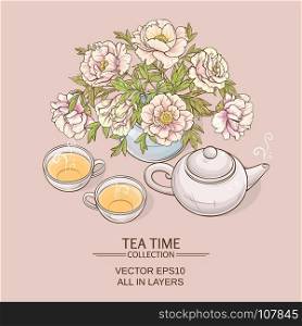tea pot with tea cup and sugar bowl. Illustration with cups, teapot and peonies on color background