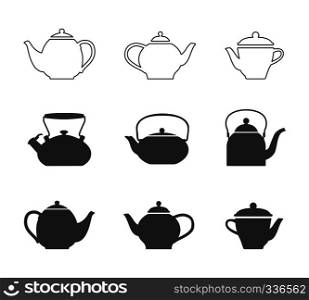 Tea pots set. Vector line tea pots icons and tea pots silhouette symbols. Tea pots set