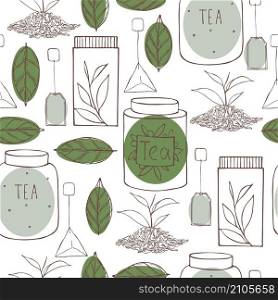 Tea set. Cans for tea. Vector seamless pattern