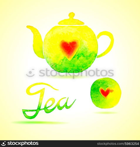 Tea set. Design elements painted in watercolor. Vector illustration isolated.