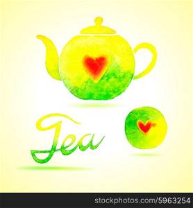 Tea set. Design elements painted in watercolor. Vector illustration isolated.