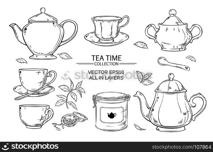 tea set on white background. Vector set with cups, teapot, sugar bowl, tin packaging and tea strainer on white background