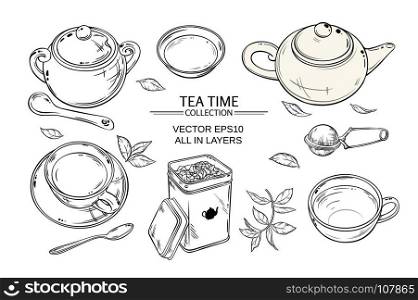 tea set on white background. Vector set with cups, teapot, sugar bowl, tin packaging and tea strainer on white background