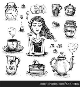 Tea set scene with the girl vector illustration