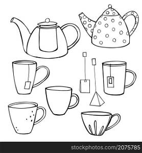 Tea set. Teapots and cups. Vector sketch illustration.. Teapots and cups. Vector illustration.