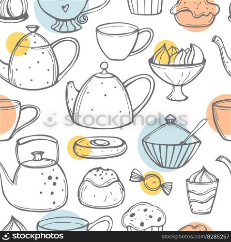 Tea set. Teapots , cups and cakes on white background. Vector  seamless pattern. . Teapots and cups. Vector   pattern. 