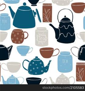 Tea set. Teapots, cups and cans for tea. Vector seamless pattern . Tea set. Vector seamless pattern