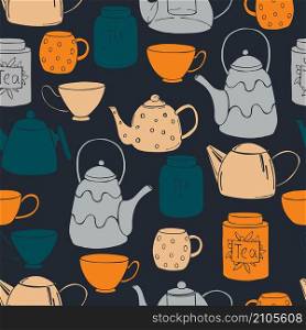 Tea set. Teapots, cups and cans for tea. Vector seamless pattern . Tea set. Vector seamless pattern