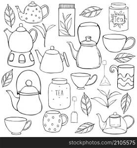 Tea set. Teapots, cups and cans for tea. Vector sketch illustration.. Tea set. Vector sketch illustration.