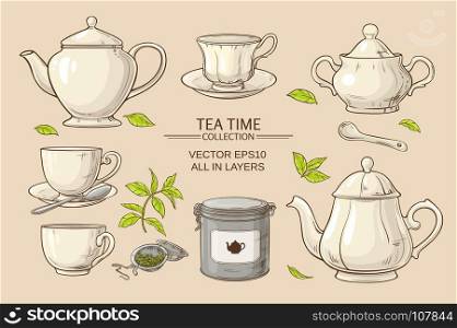 tea set. Vector set with cups, teapot, sugar bowl, tin packaging and tea strainer on color background