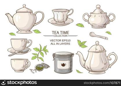 tea set. Vector set with cups, teapot, sugar bowl, tin packaging and tea strainer on white background