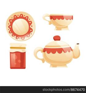 Tea set with cup, kettle, saucer and jam jar. Vector cartoon icons of ceramic mug, teapot and plate with wavy red pattern. Vintage porcelain crockery isolated on white background. Tea set with cup, kettle, saucer and jam jar
