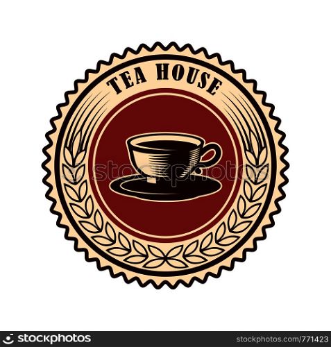 Tea shop emblem template. Design element for logo, label, sign, poster, flyer. Vector illustration