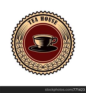Tea shop emblem template. Design element for logo, label, sign, poster, flyer. Vector illustration