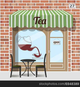 Tea shop facade.. Tea shop building. Facade of brick. Tea sign sticker on window. Table and chairs at the fore. Vector illustration EPS10