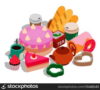 Tea sweets clip art. Isometric clip art of tea sweets concept vector icons for web isolated on white background. Tea sweets clip art, isometric style