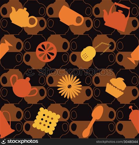Tea, sweets seamless pattern. Background of symmetrical cups. Copy that square to the side and get seamlessly tiling pattern.. Tea tableware. Seamless vector background.