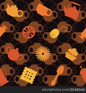 Tea, sweets seamless pattern. Background of symmetrical cups. Copy that square to the side and get seamlessly tiling pattern.. Tea tableware. Seamless vector background.