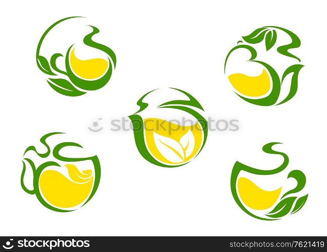 Tea symbols with lemon and green leaves for beverages design