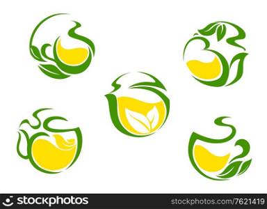 Tea symbols with lemon and green leaves for beverages design