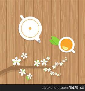 Tea teapot and a branch of the cherry blossoms on a wooden table. . Tea teapot and a branch of the cherry blossoms on a wooden table. Vector illustration .