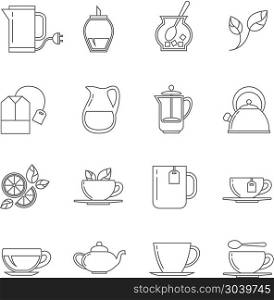 Tea thin line vector icons set. Tea thin line vector icons set. Breakfast beverage, teacup with sugar and lemon illustration