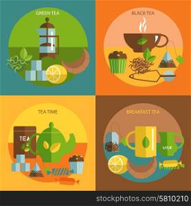 Tea time 4 flat icons square composition. English afternoon black and green tea time 4 flat icons square composition banner abstract isolated vector illustration
