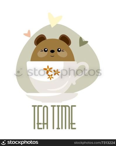 Tea time card. Cute little bear sitting in a cup. Vector illustration. Eps 10