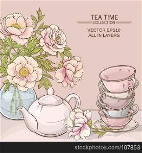 tea time color. Illustration with cups, teapot and peonies on color background
