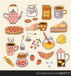 Tea time. Cups dishes teapots for cozy spend relax time with tea recent vector collection. Illustration of teapot design, drink to breakfast, beverage kitchen. Tea time. Cups dishes teapots for cozy spend relax time with tea recent vector collection